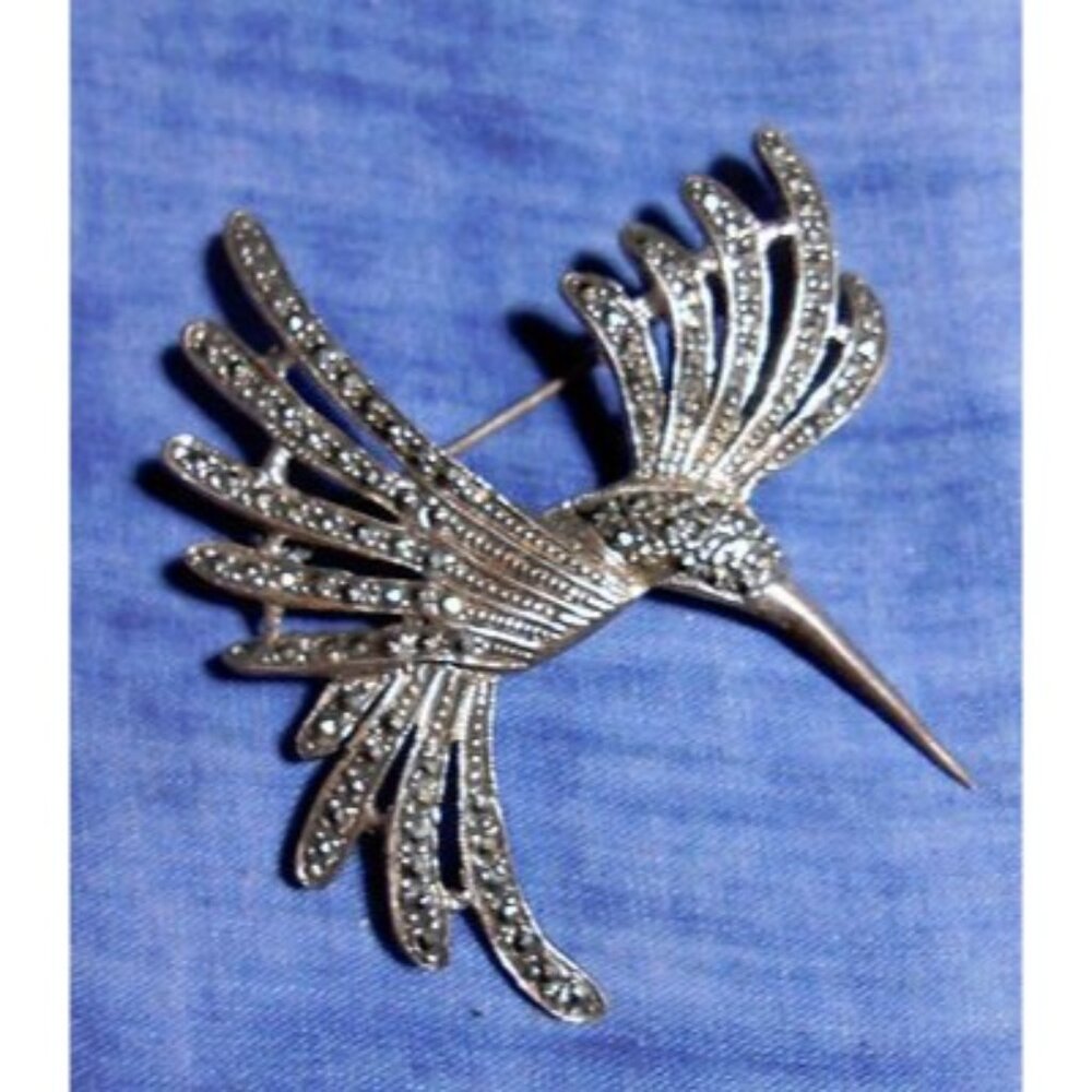 Large Vintage 925 Sterling Silver Marcasite Hummingbird Brooch Pin Signed 925 SU